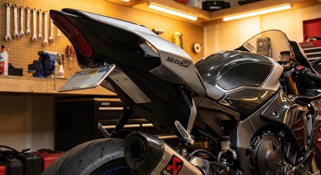 Support de plaque d'immatriculation court en aluminium pour affiner l'arrière d'une moto sportive CF Moto SR.
