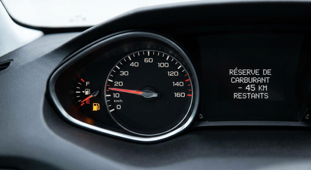 Aiguille de la jauge de carburant sur le tableau de bord d'une voiture indiquant le niveau de réserve