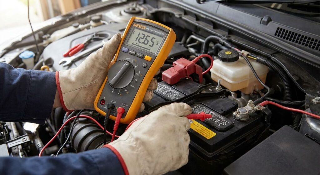 Test de la tension d'une batterie automobile à l'aide d'un multimètre numérique