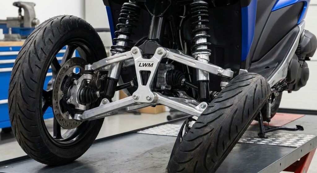 Gros plan sur la technologie du train avant inclinable LWM propre aux scooters Yamaha