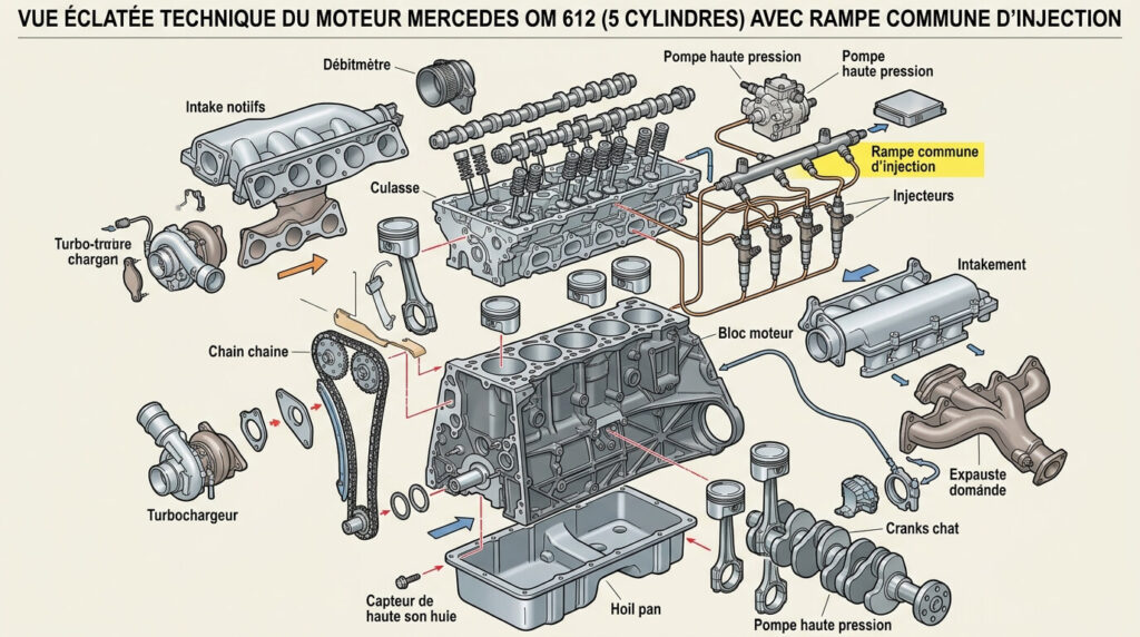 Éclaté technique du bloc moteur Mercedes OM 612 5 cylindres avec rampe commune d'injection