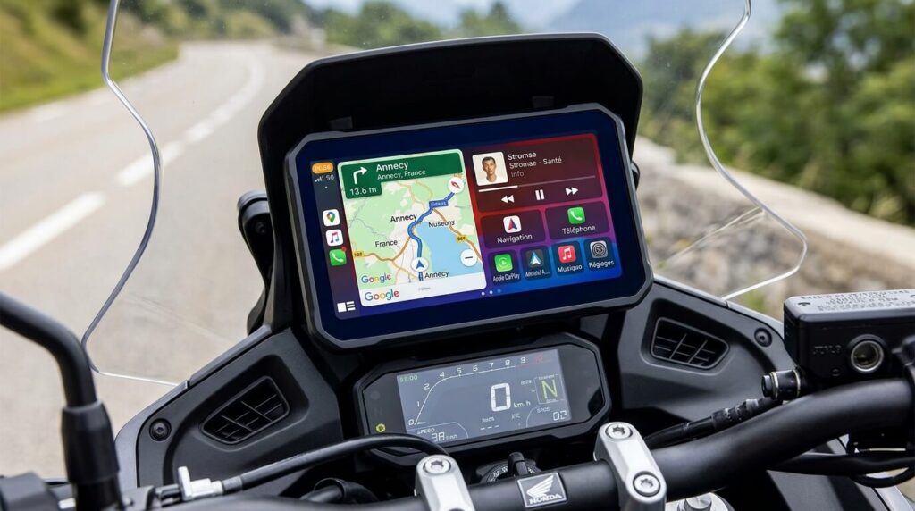 Écran tactile TFT de la Honda NT 1100 affichant le menu de navigation et d'infodivertissement