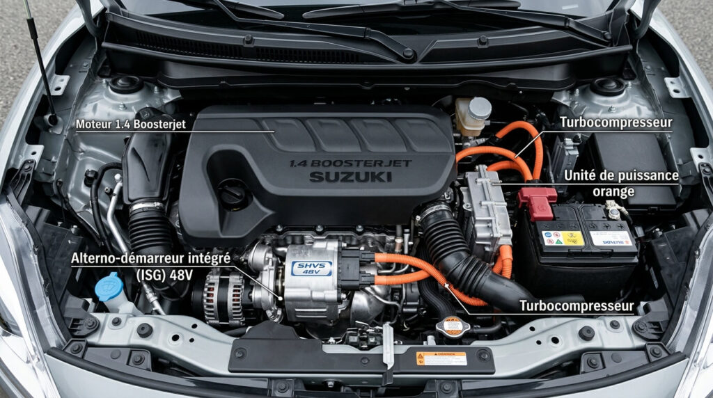 Vue de dessus du bloc moteur Suzuki 1.4 Boosterjet avec son système de micro-hybridation