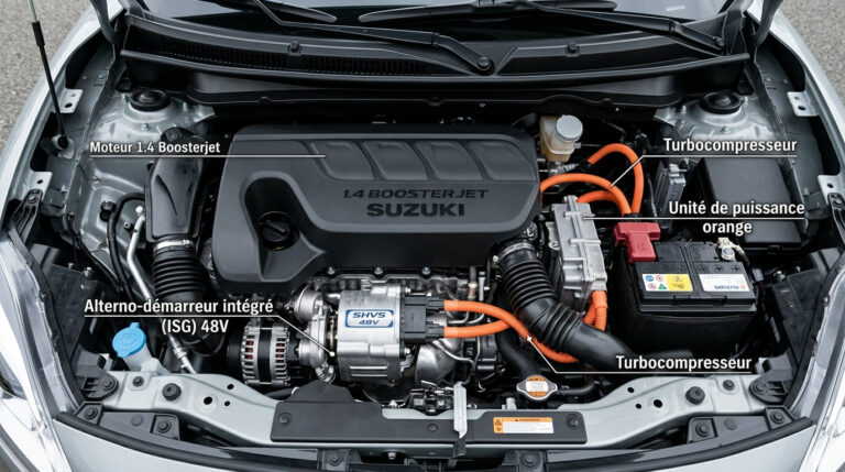 Vue de dessus du bloc moteur Suzuki 1.4 Boosterjet avec son système de micro-hybridation