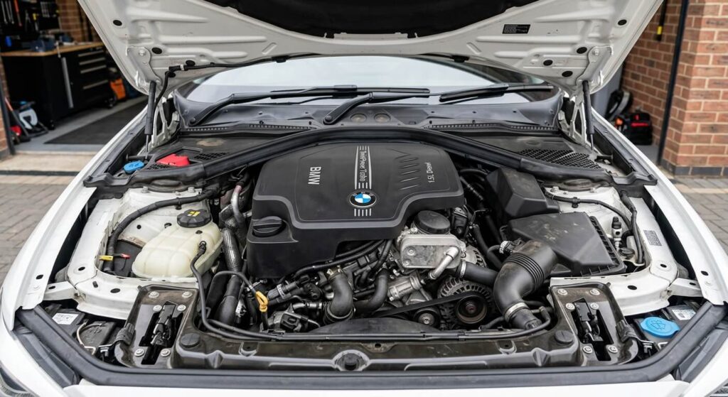 Vue sous le capot d'une BMW Série 1 F20 équipée du nouveau moteur diesel 3 cylindres 1.5L