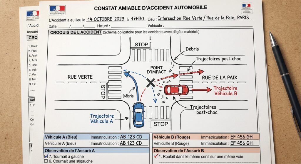 Schéma d'un constat amiable montrant les trajectoires lors d'un choc en intersection.