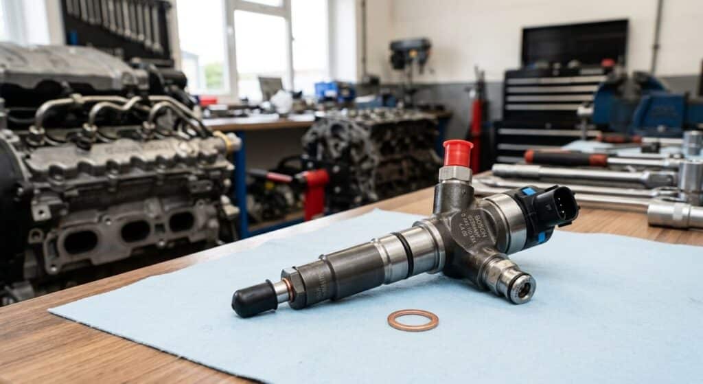 Un injecteur automobile entièrement reconditionné à neuf et prêt à être installé sur un moteur diesel.
