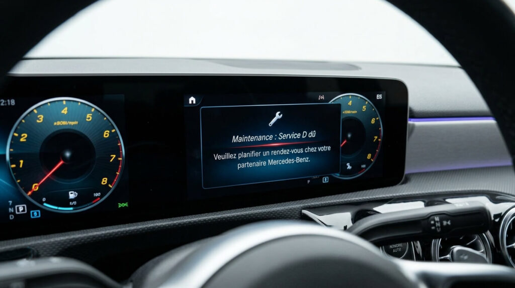 Message d'alerte de maintenance "Service D" affiché sur l'écran central du tableau de bord d'une Mercedes-Benz.