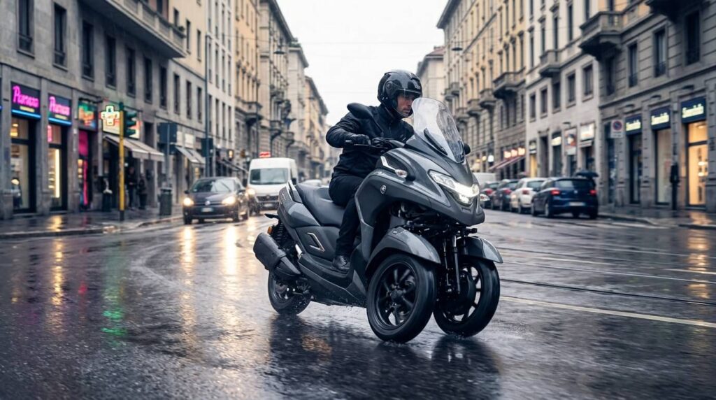 Scooter à trois roues Yamaha Tricity 300 circulant sur une chaussée urbaine humide.