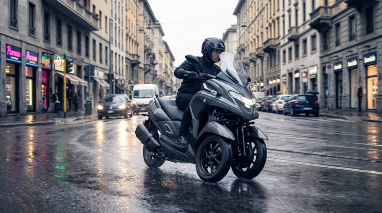 Accueil 2 Scooter à trois roues Yamaha Tricity 300 circulant sur une chaussée urbaine humide.