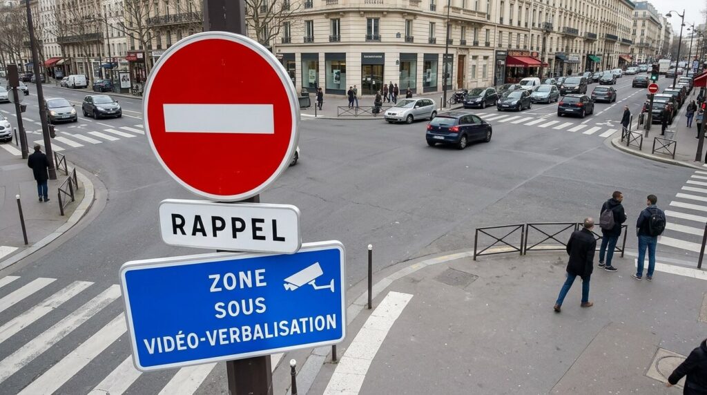 Panneau de signalisation de sens interdit sous l'angle d'une caméra de vidéoverbalisation urbaine.