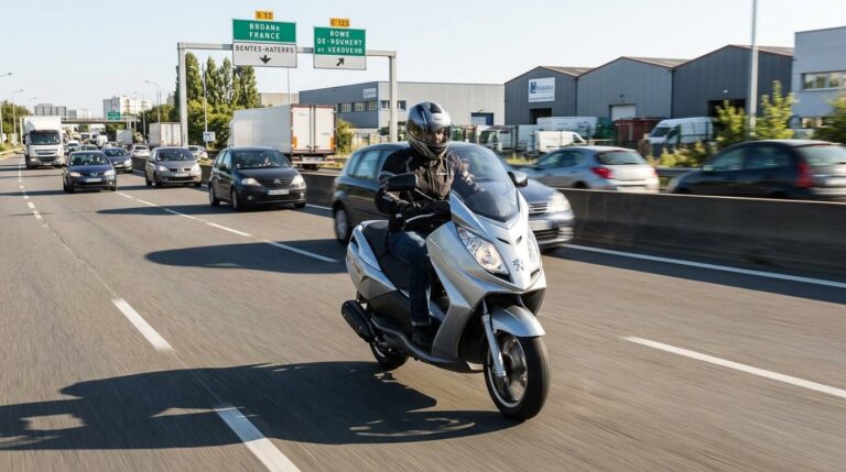 Accueil 12 Scooter GT Peugeot Satelis 125 circulant sur une voie rapide périurbaine.
