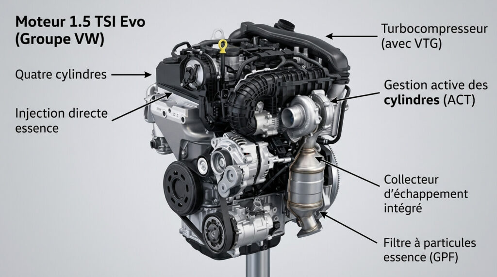 Vue d'ensemble du moteur essence quatre cylindres 1.5 TSI Evo du groupe Volkswagen.