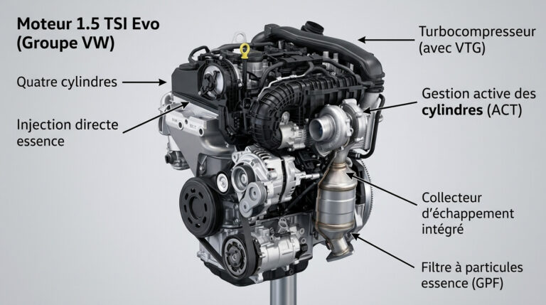 Accueil 9 Vue d'ensemble du moteur essence quatre cylindres 1.5 TSI Evo du groupe Volkswagen.