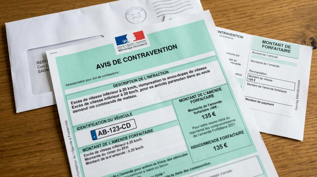 Avis de contravention officiel reçu par voie postale pour une infraction routière.