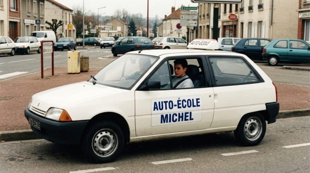 Quel était le prix du permis de conduire en 1990 ? 3 Une voiture d'auto-école des années 1990, comme une Citroën AX ou une Peugeot 205.