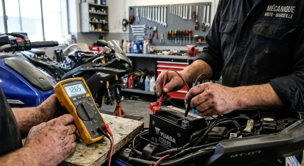 Mesure de la tension d'une batterie moto à l'aide d'un multimètre numérique.