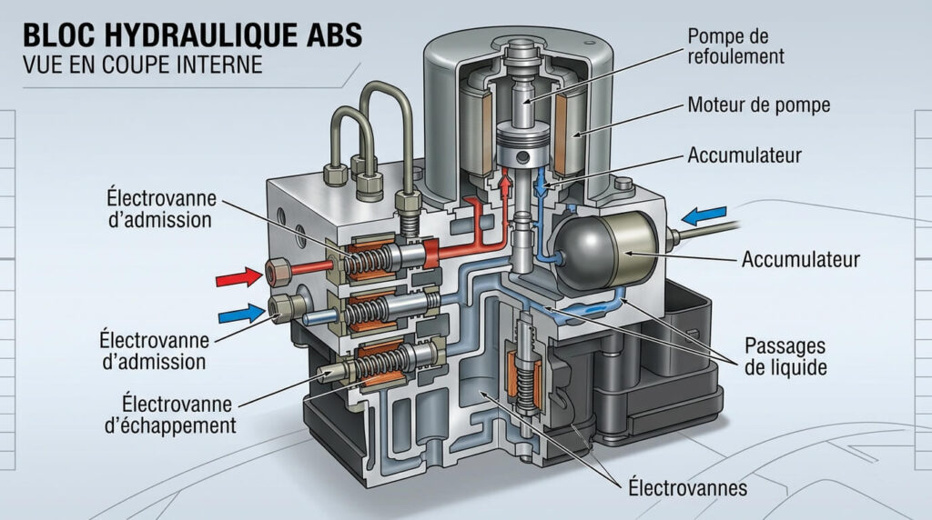 Vue en coupe d'un bloc hydraulique ABS montrant les électrovannes internes et la pompe