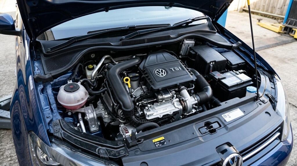 Moteur trois cylindres compact 1.0 TSI équipant une Volkswagen Polo.