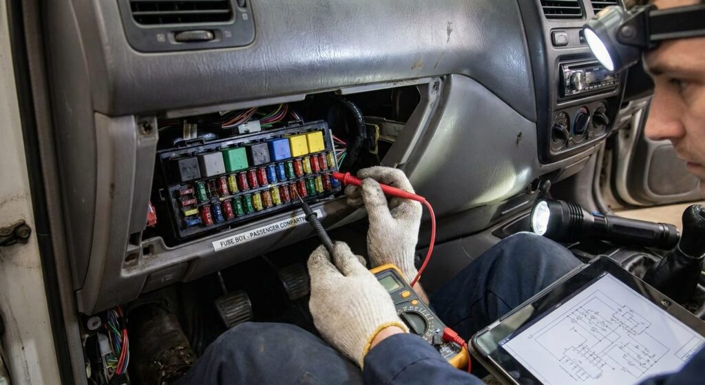 Inspection des fusibles et relais dans l'habitacle d'un véhicule pour trouver une fuite de courant