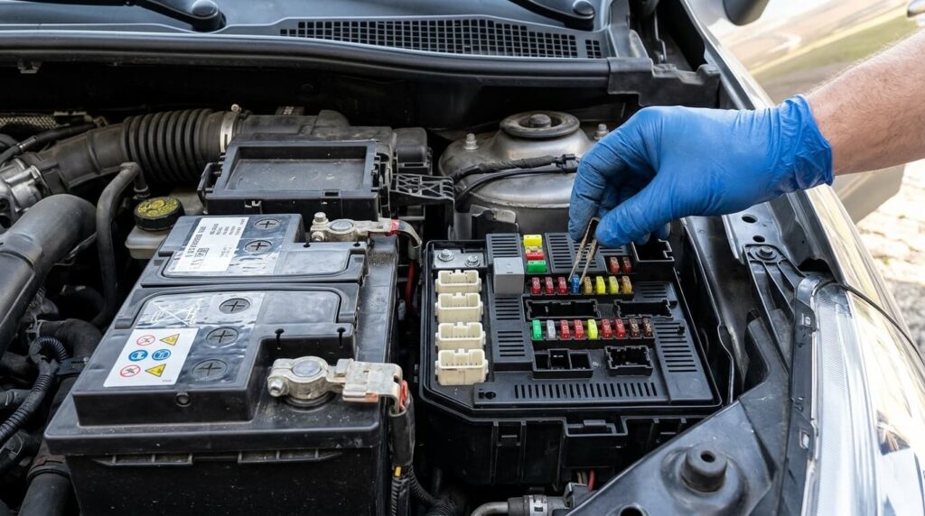 Inspection des fusibles dans le boîtier UPC situé dans le compartiment moteur à côté de la batterie.