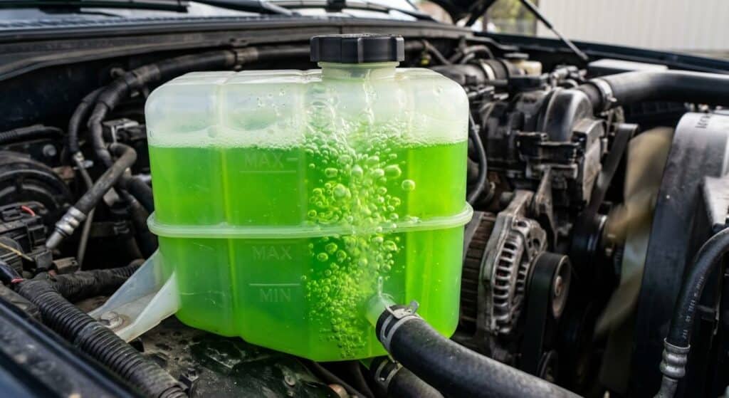 Bulles de gaz remontant dans le liquide de refroidissement moteur tournant.