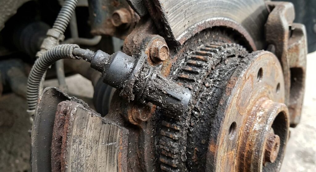 Gros plan sur un capteur de vitesse de roue magnétique fortement encrassé par la limaille de frein