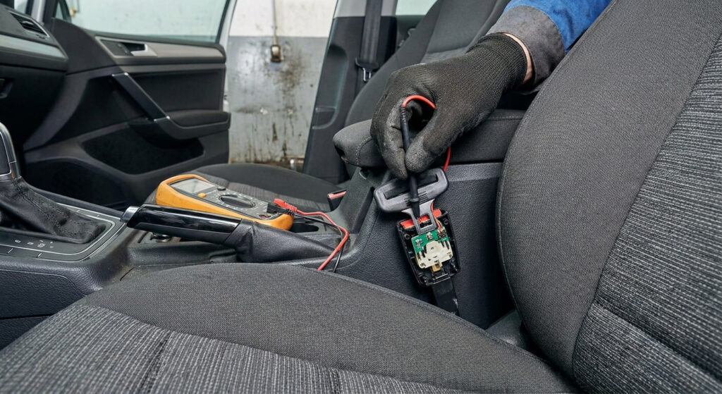 Inspection du capteur électronique situé dans la boucle de la ceinture de sécurité d'un siège avant