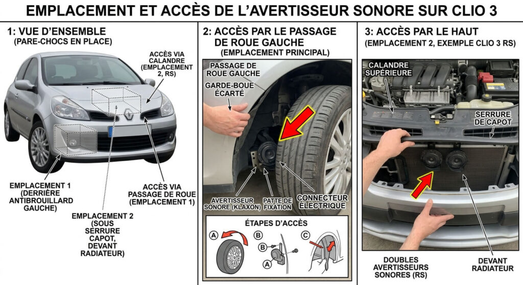 Emplacement de l'avertisseur sonore derrière le pare-chocs avant d'une Clio 3.