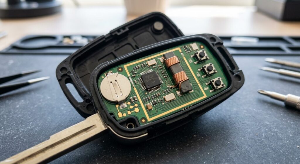 Intérieur d'une clé de voiture montrant la puce électronique de communication.