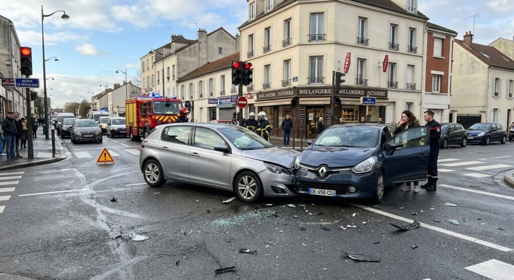 Accident entre une voiture tournant à gauche et un véhicule arrivant en sens inverse.