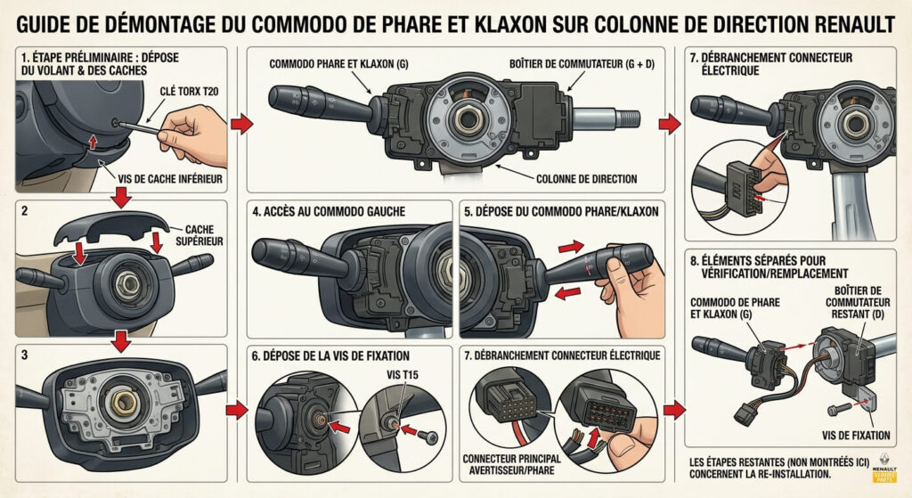 Démontage du commodo de phare et klaxon sur une colonne de direction Renault.