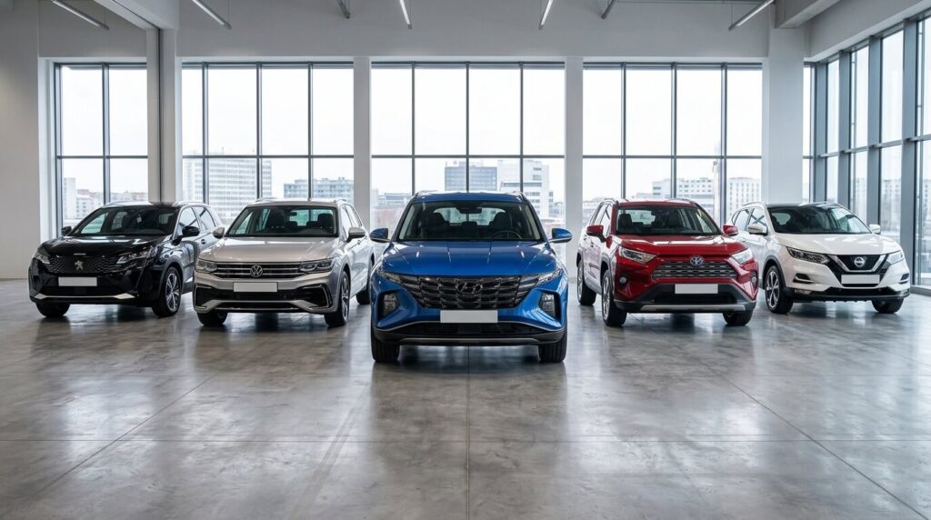Alignement d'un SUV Hyundai face à ses principaux concurrents européens et japonais pour un test comparatif.