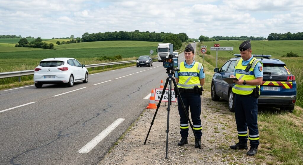 Quel est le délai de convocation pour excès de vitesse ? 3 Forces de l'ordre positionnées avec un radar mobile sur le bord d'une route nationale.