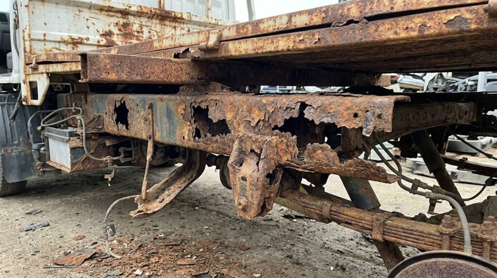 Traces de rouille perforante sur les longerons arrière d'un Nissan Cabstar.