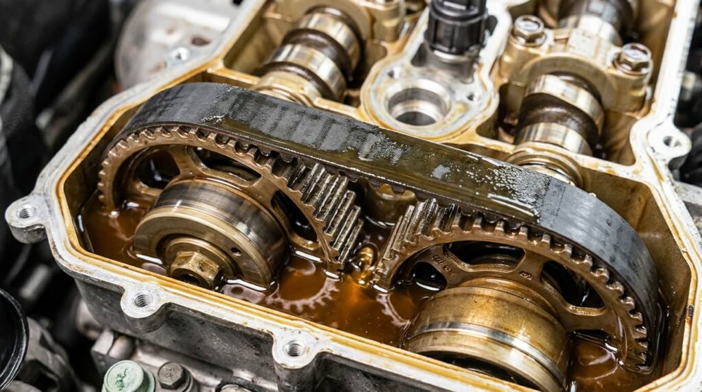 Zoom sur la courroie de distribution lubrifiée par huile d'un moteur trois cylindres PureTech.