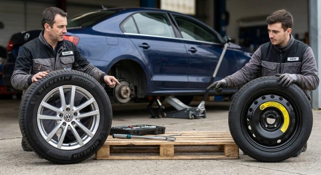 Comparaison visuelle entre un pneu standard et une roue de secours temporaire.