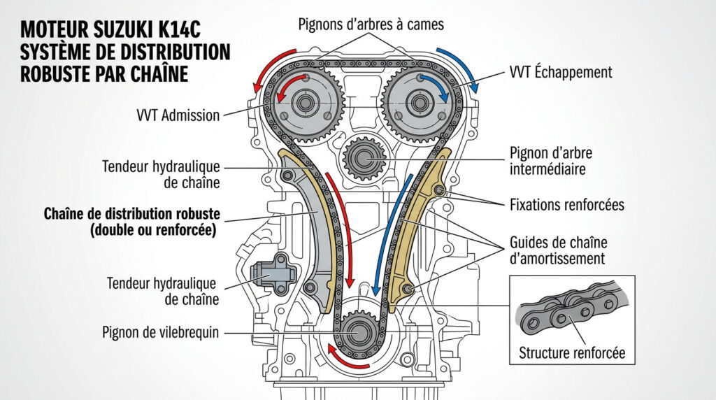Schéma technique illustrant la chaîne de distribution robuste du moteur K14C Suzuki