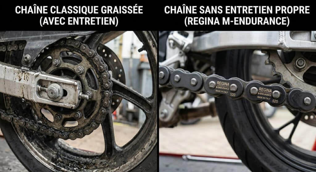 Comparaison entre une chaîne classique graissée et une chaîne sans entretien propre.