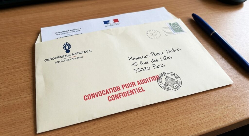 Quel est le délai de convocation pour excès de vitesse ? 2 Une enveloppe officielle de gendarmerie contenant une convocation pour audition.