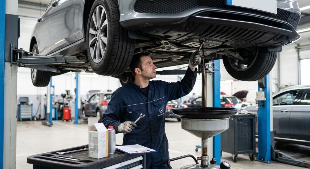 Mécanicien automobile effectuant la vidange d'huile et le remplacement des filtres sur une berline Mercedes.
