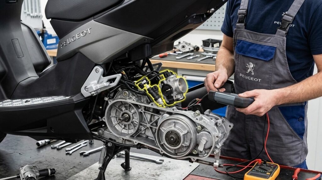 Inspection du système d'injection électronique sur un moteur de scooter Peugeot.