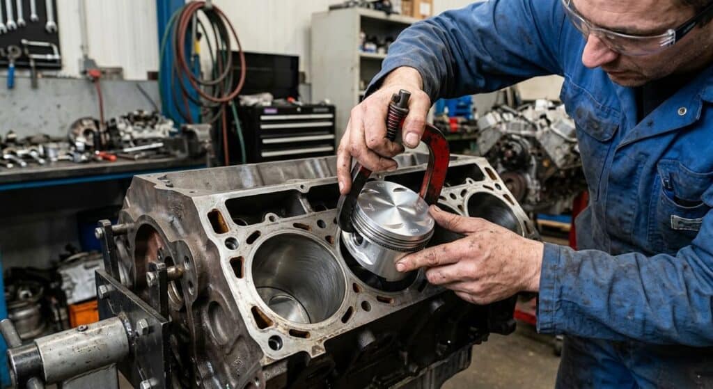 Insertion d'un piston avec segments neufs dans un cylindre rectifié.