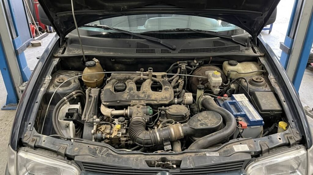 Vue du moteur diesel atmosphérique DW8 sous le capot d'un Citroën Berlingo.