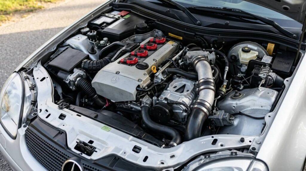 Vue du moteur M111 avec son compresseur Eaton sur une Mercedes SLK 230.