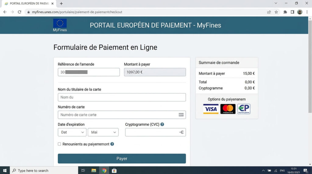 Capture d'écran du formulaire de paiement en ligne du portail européen MyFines.
