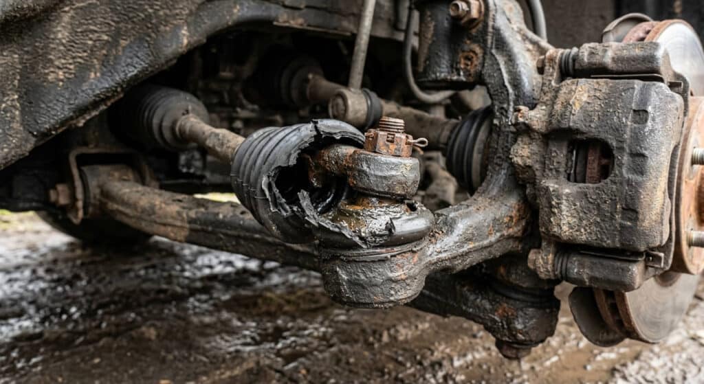 Soufflet de rotule de direction déchiré laissant apparaître la graisse et la corrosion.