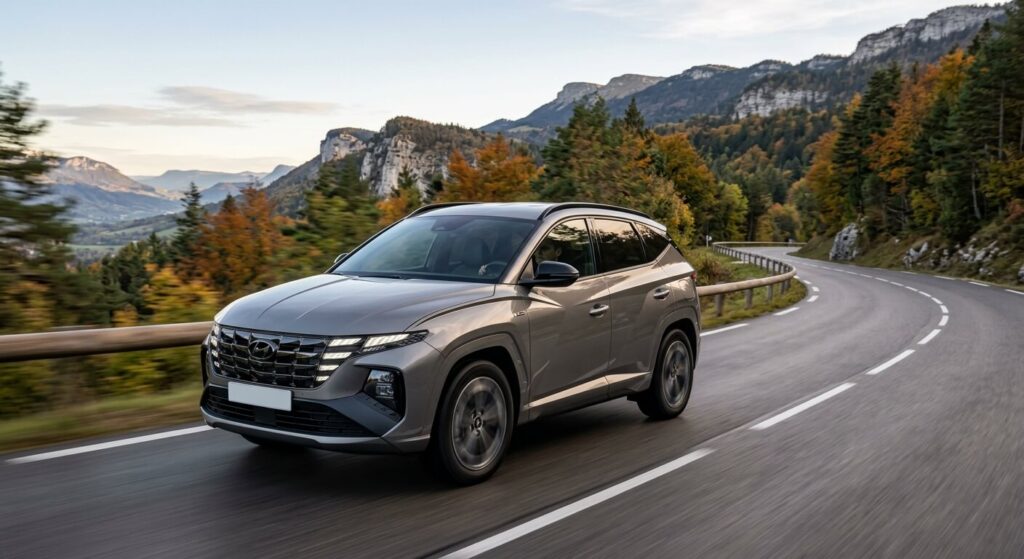 Présentation du nouveau SUV hybride Hyundai Tucson 2026 sur la route.