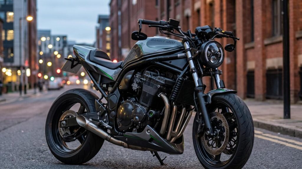 Suzuki Bandit 1200 modifiée en style Streetfighter avec phare à LED et échappement court.