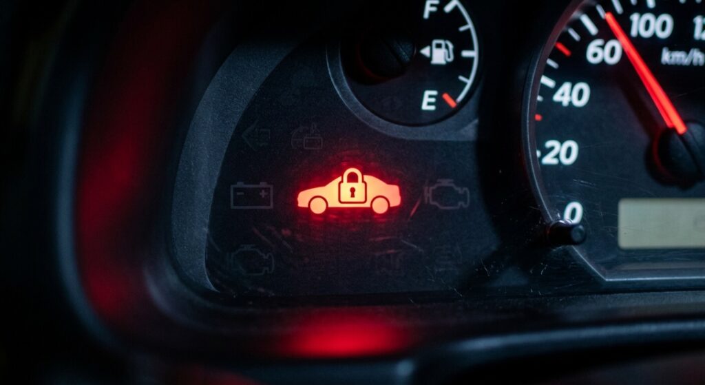 Témoin lumineux rouge ou orange représentant une silhouette de voiture avec un cadenas activé.